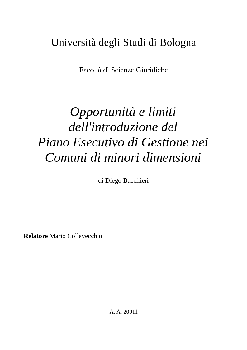 Anteprima della tesi: Opportunità e limiti dell'introduzione del Piano Esecutivo di Gestione nei Comuni di minori dimensioni, Pagina 1