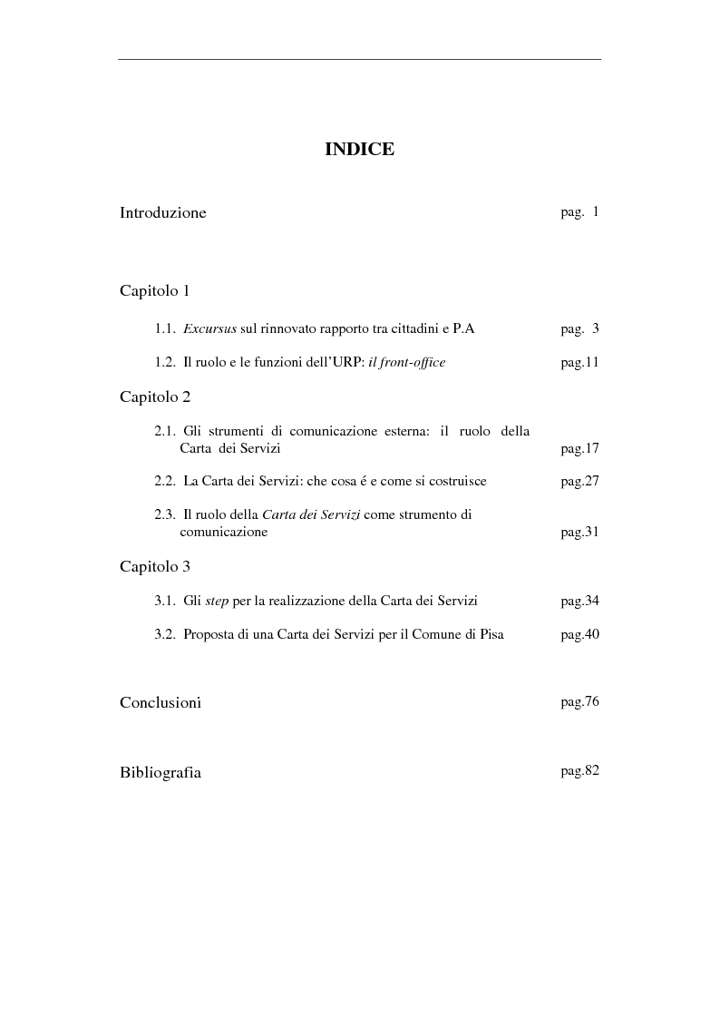 Indice della tesi: Proposta di una Carta dei Servizi per il Comune di Pisa, Pagina 1