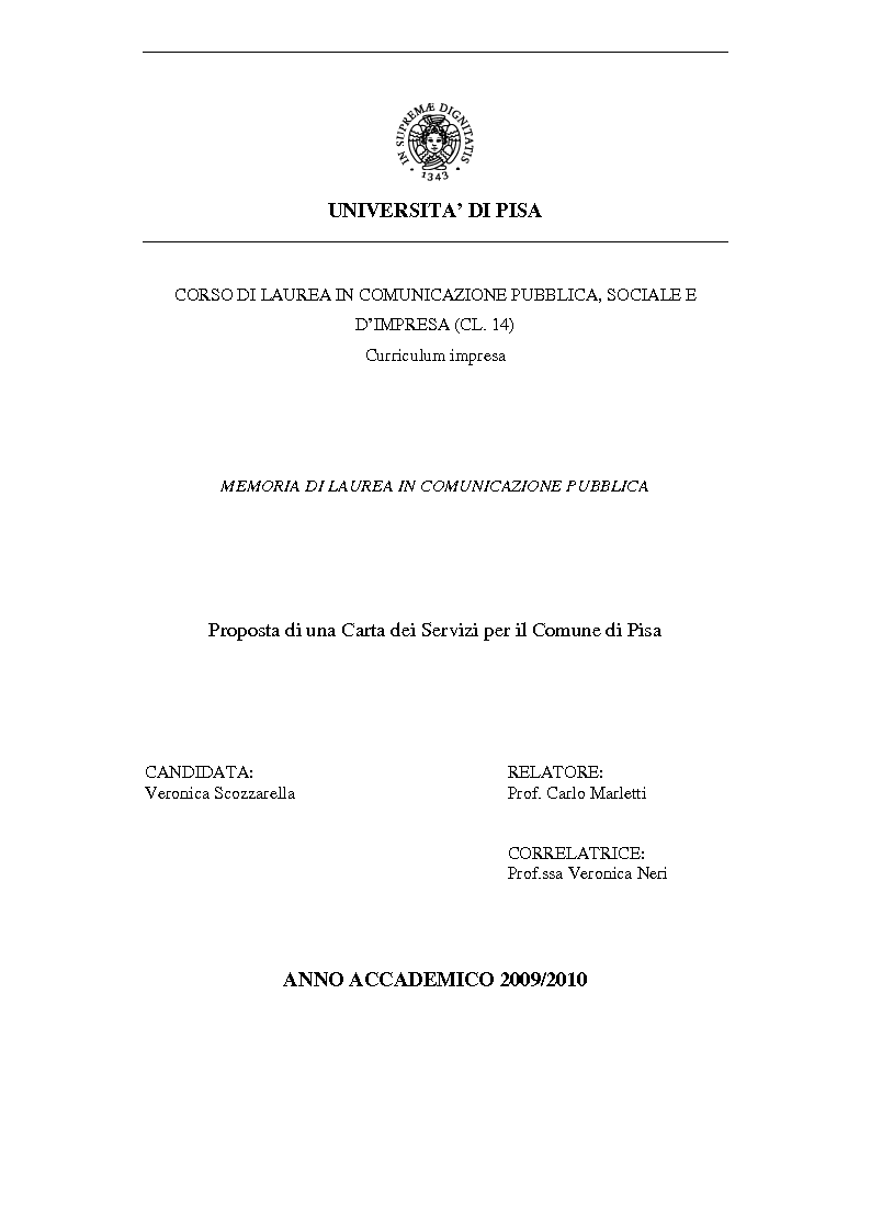 Anteprima della tesi: Proposta di una Carta dei Servizi per il Comune di Pisa, Pagina 1