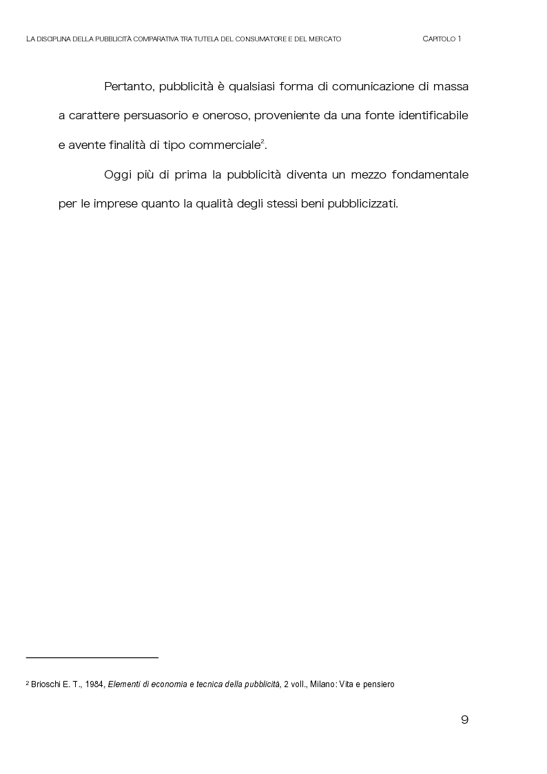 Anteprima della tesi: La disciplina della pubblicità comparativa tra tutela del consumatore e del mercato, Pagina 7