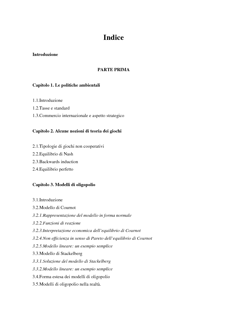Indice della tesi: Scelta di politiche ambientali e teoria dei giochi, Pagina 1