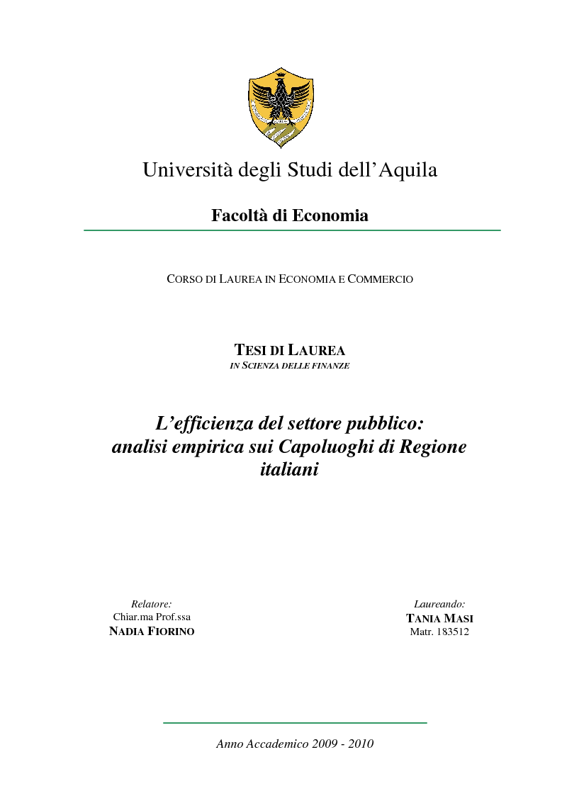 Anteprima della tesi: L'efficienza del settore pubblico: analisi empirica sui capoluoghi di regione italiani, Pagina 1