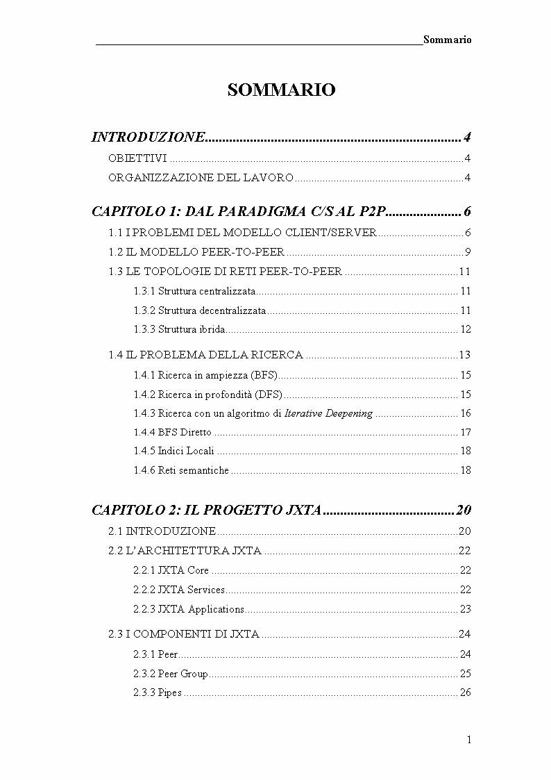 Indice della tesi: Prototipo di file sharing basato su tecnologia JXTA e reti Peer-to-Peer, Pagina 1