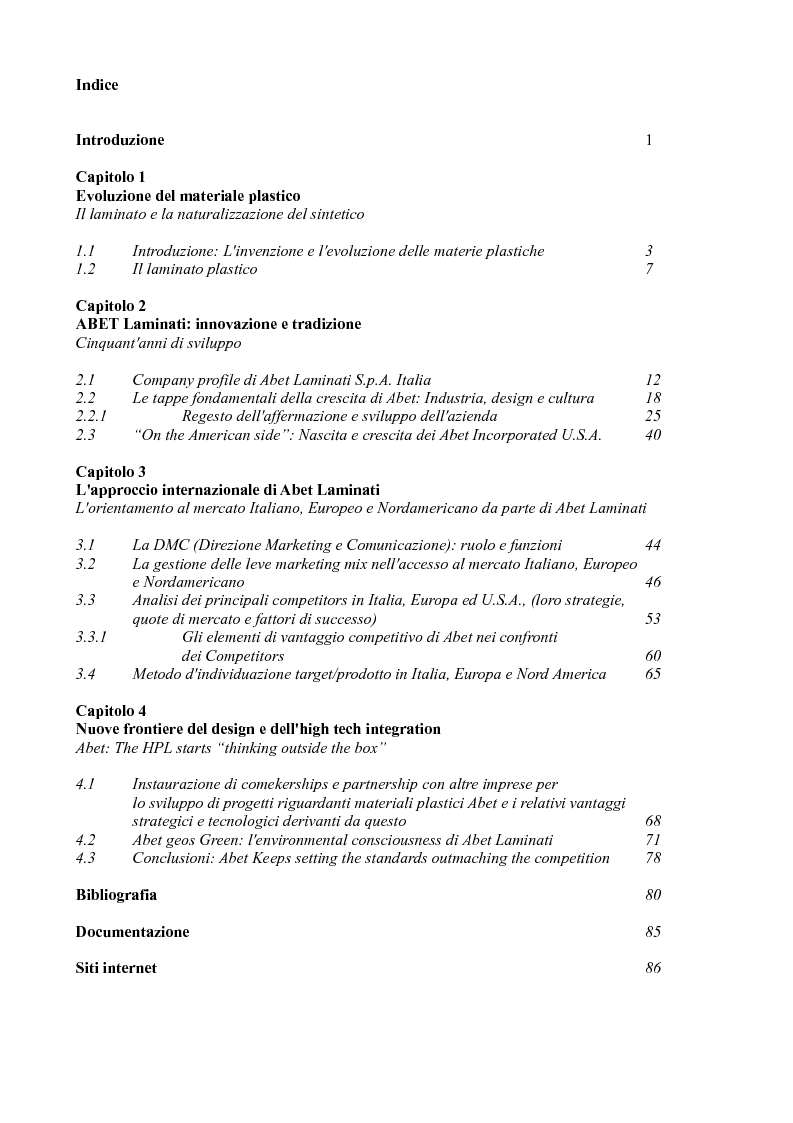Indice della tesi: Abet Laminati S.p.A. 1957-2009: Dall'Italia al mondo. Cinquant'anni di ricerca ed internazionalizzazione, Pagina 1