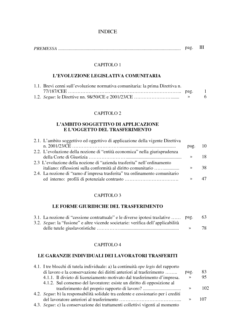 Indice della tesi: La normativa comunitaria sul trasferimento d’impresa e l’apporto interpretativo della Corte di giustizia, Pagina 1