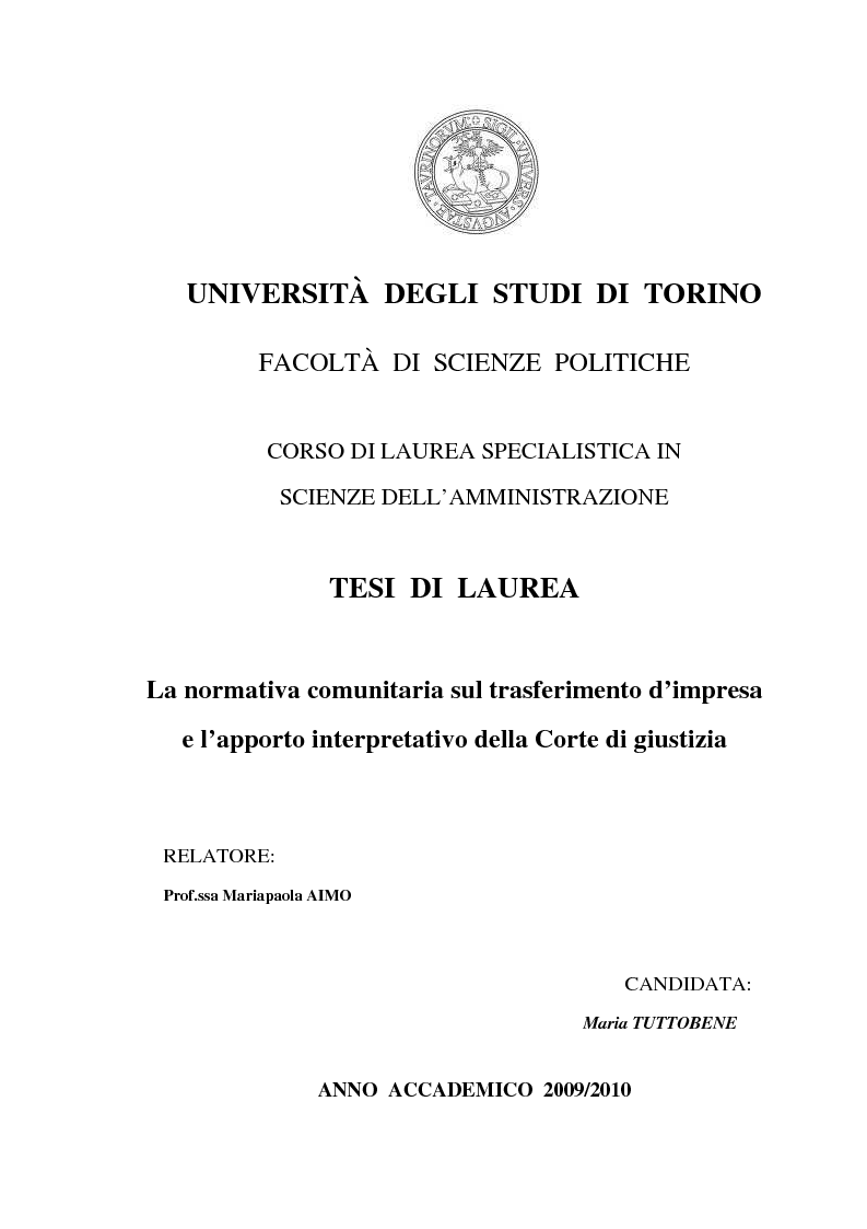 Anteprima della tesi: La normativa comunitaria sul trasferimento d’impresa e l’apporto interpretativo della Corte di giustizia, Pagina 1