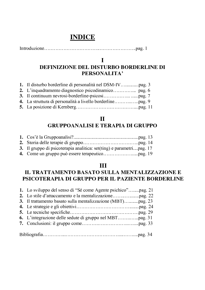 Indice della tesi: Il paziente borderline. Il trattamento basato sulla mentalizzazione e la terapia di gruppo, Pagina 1