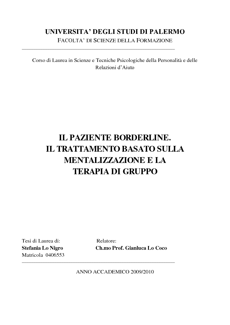 Anteprima della tesi: Il paziente borderline. Il trattamento basato sulla mentalizzazione e la terapia di gruppo, Pagina 1