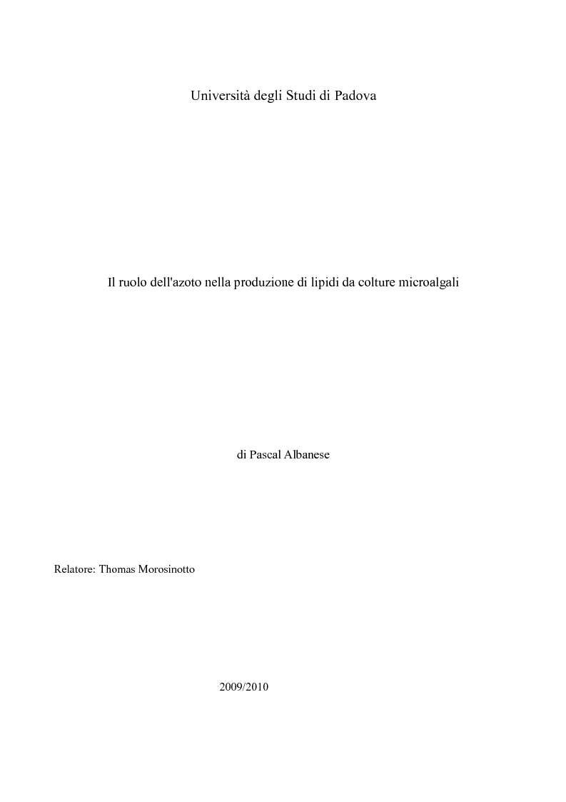 Anteprima della tesi: Il ruolo dell'azoto nella produzione di lipidi da colture microalgali, Pagina 1