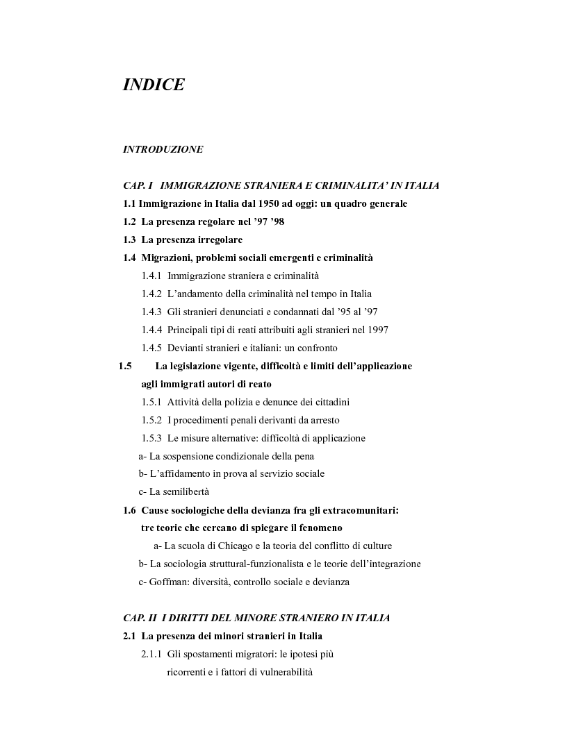 Indice della tesi: La criminalità dei minori stranieri e l'intervento sociale, Pagina 1