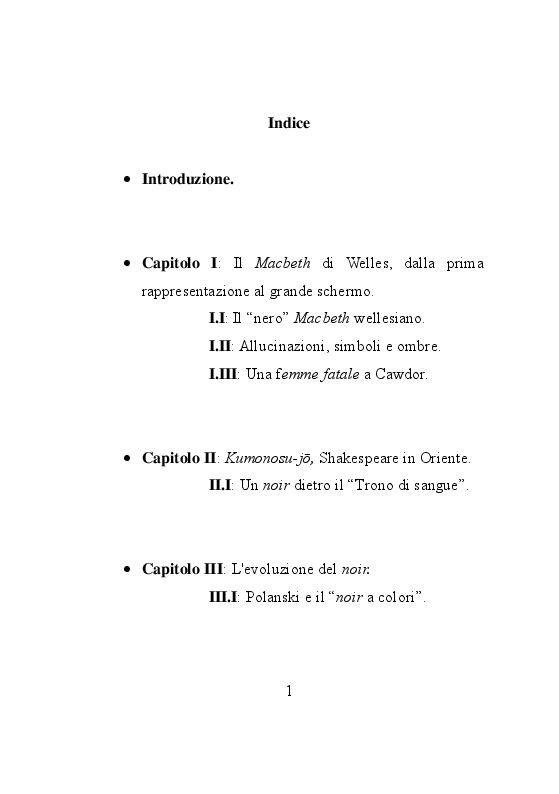 Indice della tesi: Noir e Shakespeare. Il Macbeth nel cinema moderno, Pagina 1