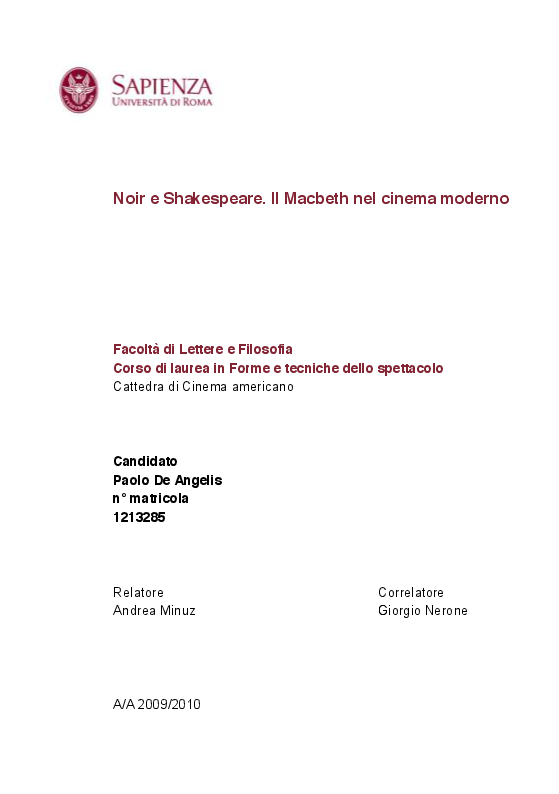 Anteprima della tesi: Noir e Shakespeare. Il Macbeth nel cinema moderno, Pagina 1