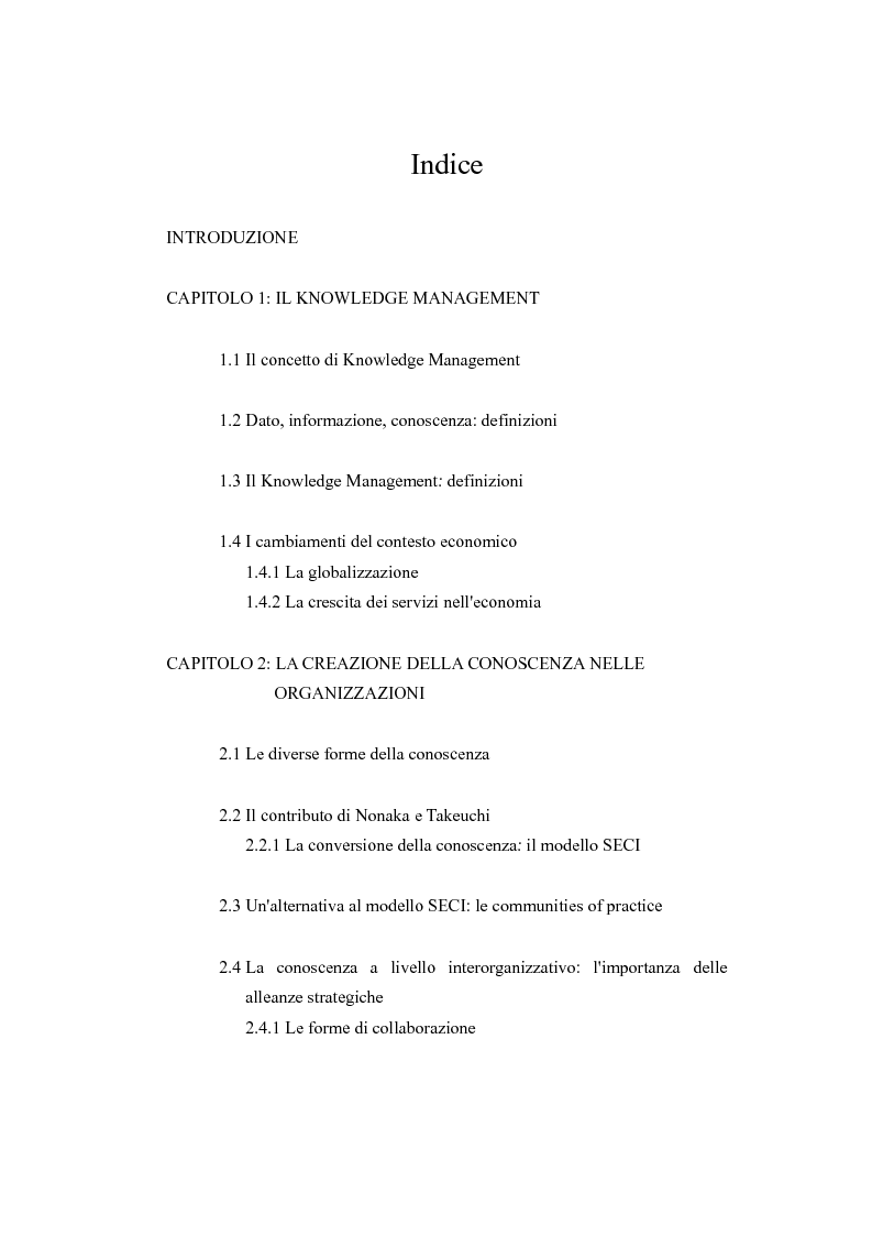 Indice della tesi: Knowledge Management: come creare conoscenza competitiva, Pagina 1