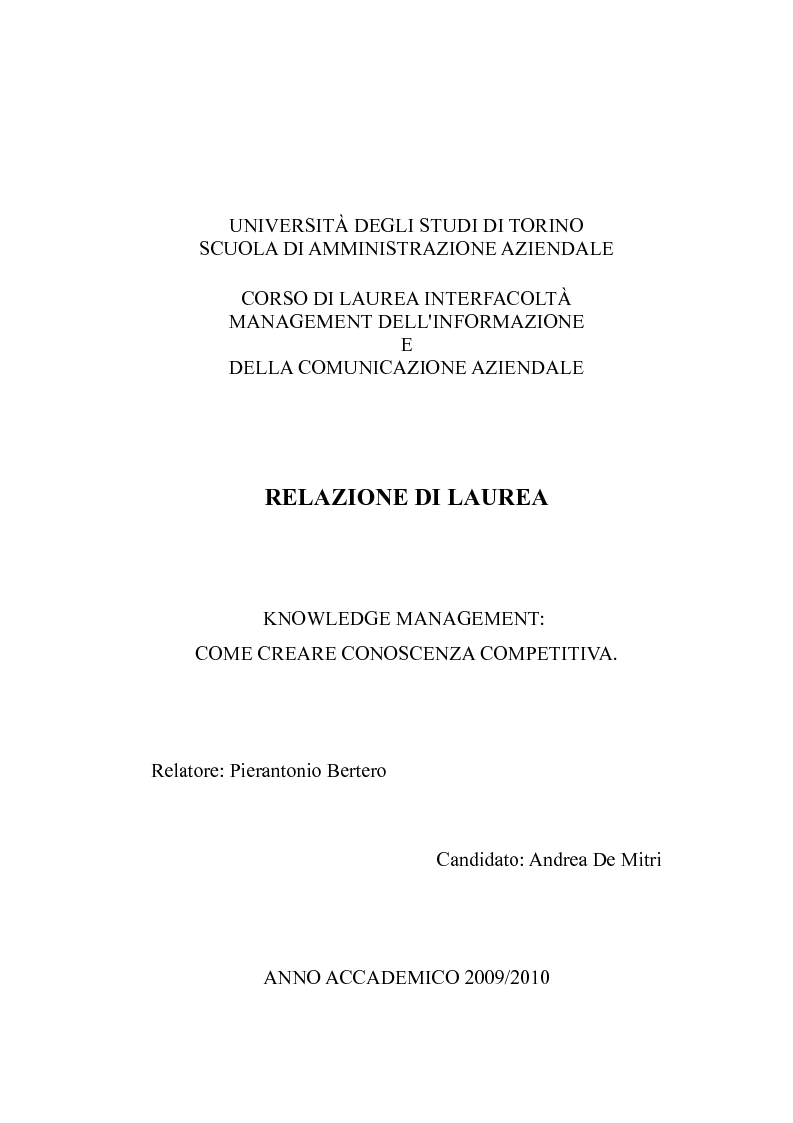 Anteprima della tesi: Knowledge Management: come creare conoscenza competitiva, Pagina 1