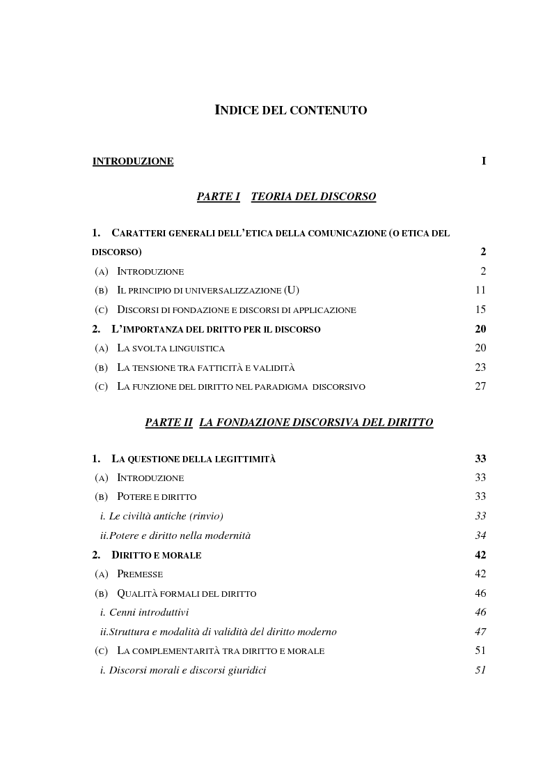 Indice della tesi: Legittimità tramite legalità - Il nesso tra diritto e democrazia nella teoria discorsiva di Jürgen Habermas, Pagina 1