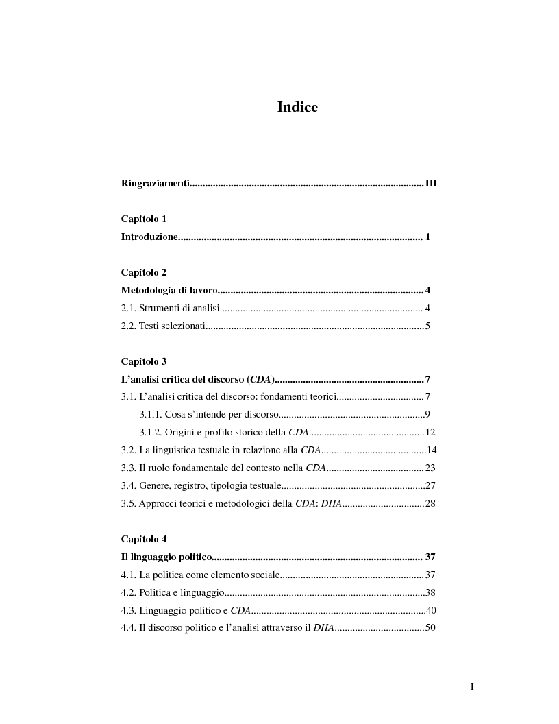 Indice della tesi: L’Analisi Critica del Discorso: applicazioni al discorso politico e rielaborazione del modello DHA in funzione dell'interpretariato di conferenza, Pagina 1
