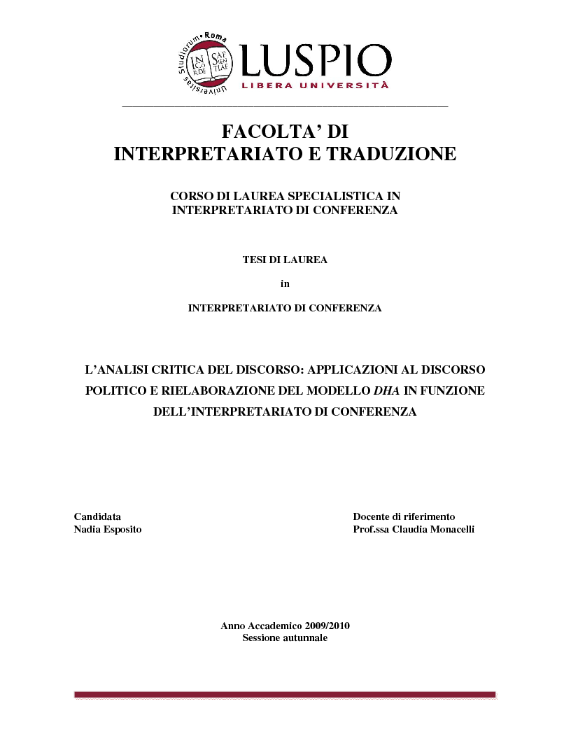 Anteprima della tesi: L’Analisi Critica del Discorso: applicazioni al discorso politico e rielaborazione del modello DHA in funzione dell'interpretariato di conferenza, Pagina 1