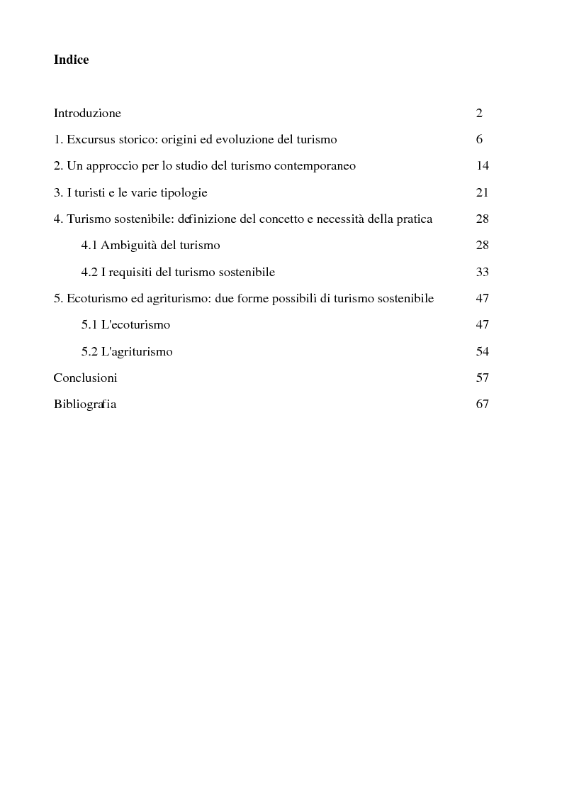 Indice della tesi: Multidimensionalità e sostenibilità del turismo contemporaneo, Pagina 1