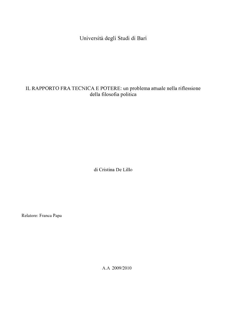 Anteprima della tesi: Il rapporto fra tecnica e potere: un problema attuale nella riflessione della filosofia politica, Pagina 1