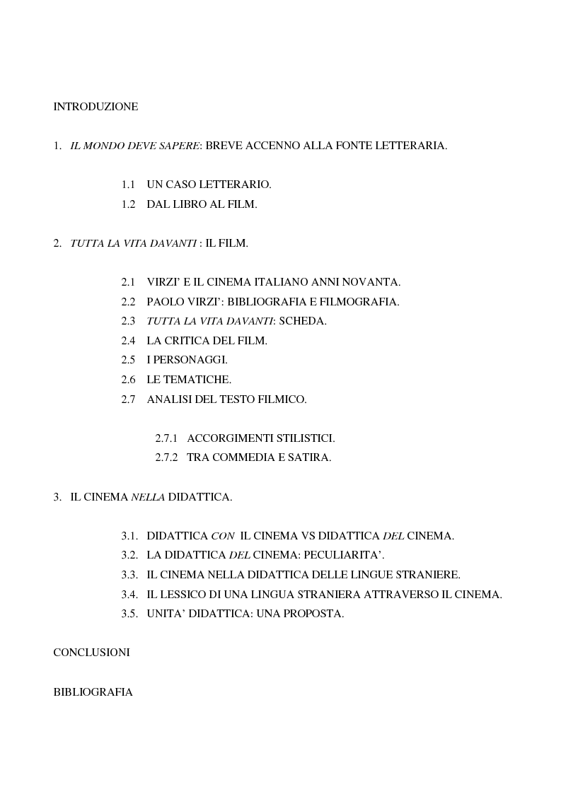Indice della tesi: Il cinema e la didattica dell'italiano come L2: Paolo Virzì in classe. (The Cinema and the Didactics of the Italian as L2: Paolo Virzì in the classroom), Pagina 1