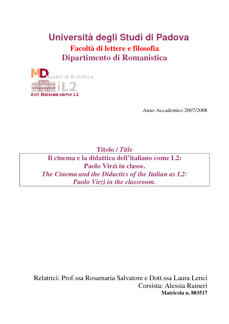 Anteprima della tesi: Il cinema e la didattica dell'italiano come L2: Paolo Virzì in classe. (The Cinema and the Didactics of the Italian as L2: Paolo Virzì in the classroom), Pagina 1