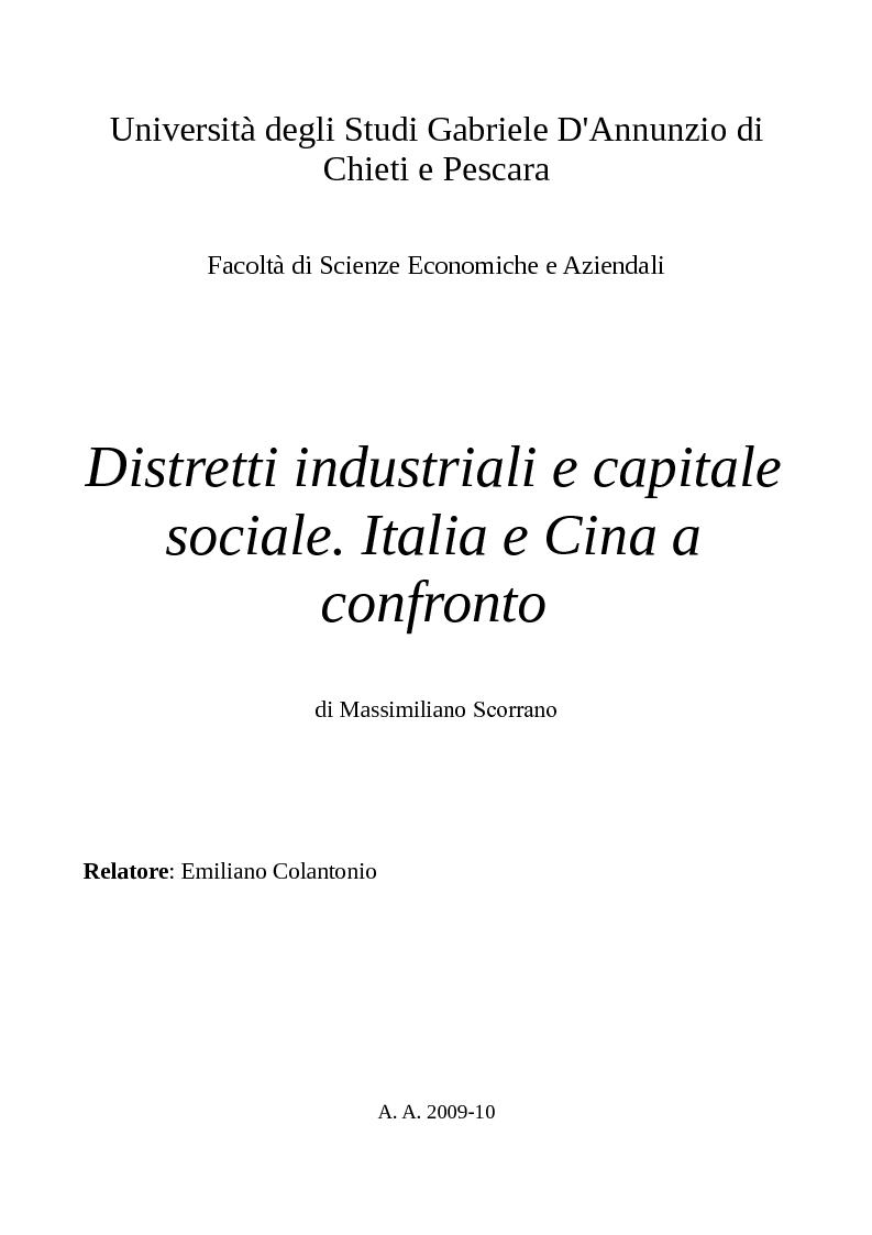 Anteprima della tesi: Distretti industriali e capitale sociale. Italia e Cina a confronto, Pagina 1