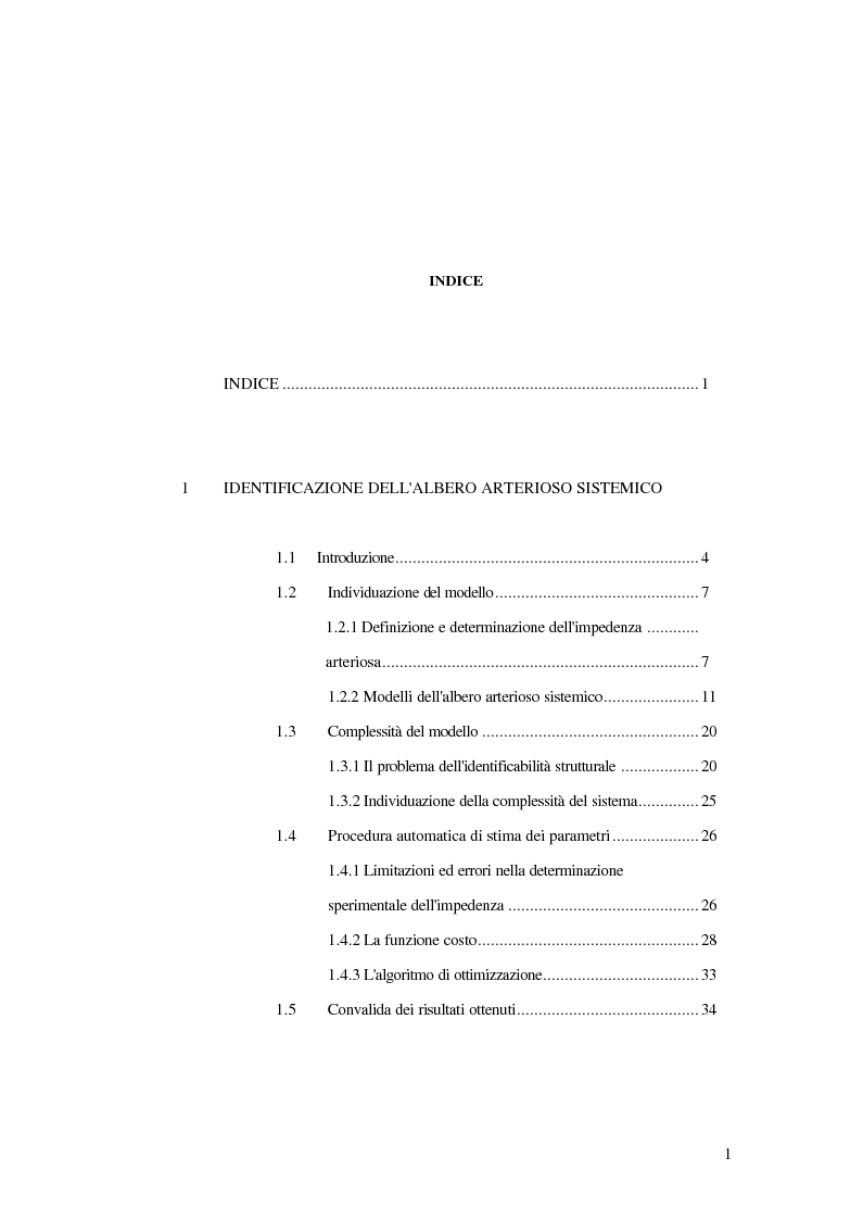 Indice della tesi: Analisi dell'impedenza di ingresso dell'aorta discendente mediante linea idraulica viscoelastica chiusa su un carico complesso, Pagina 1