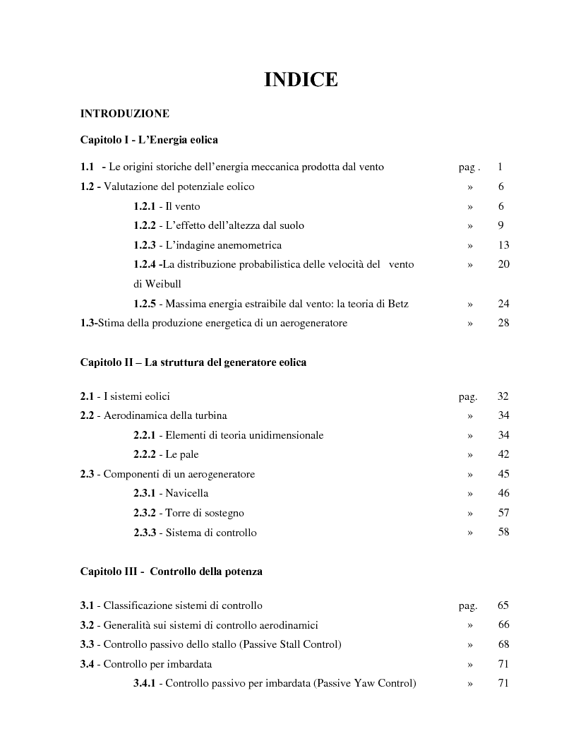 Indice della tesi: Misure e controlli su aerogeneratori, Pagina 1