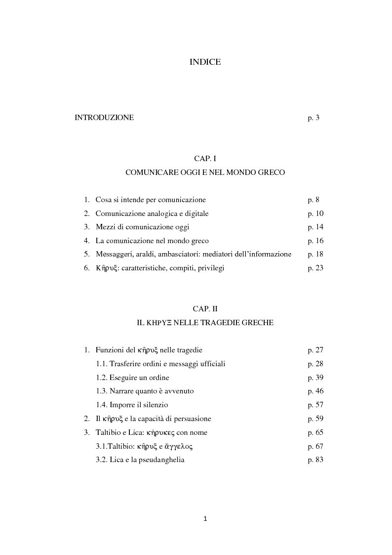 Indice della tesi: La trasmissione dell'informazione tra analogico e digitale: i media odierni e il kèryx tragico, Pagina 1