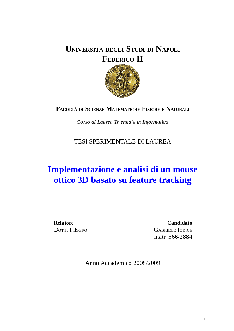 Anteprima della tesi: Implementazione e analisi di un mouse ottico 3D basato su feature tracking, Pagina 1