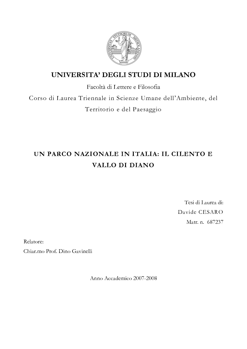 Anteprima della tesi: Un Parco Nazionale in Italia: il Cilento e Vallo di Diano, Pagina 1