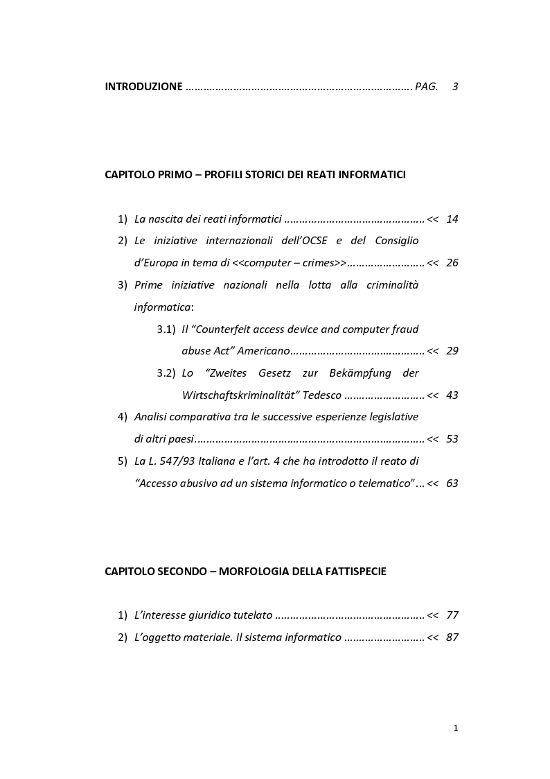 Indice della tesi: Accesso abusivo ad un sistema informatico della Pubblica Amministrazione, Pagina 1