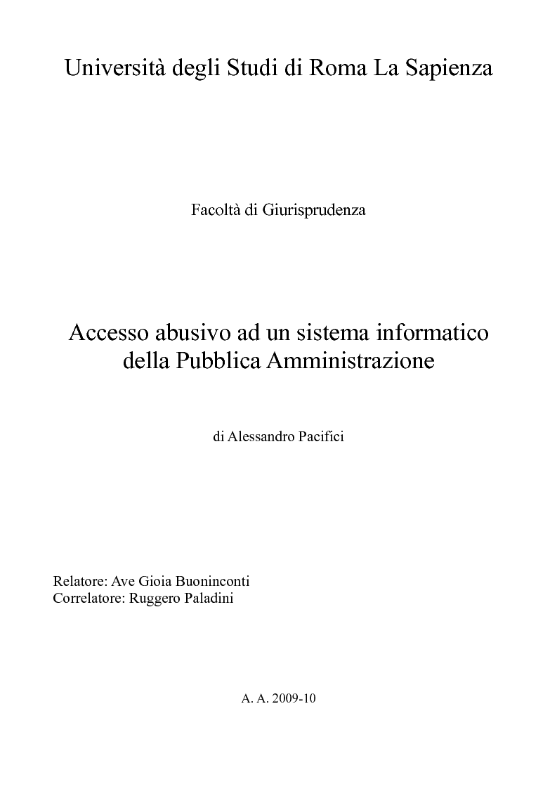 Anteprima della tesi: Accesso abusivo ad un sistema informatico della Pubblica Amministrazione, Pagina 1