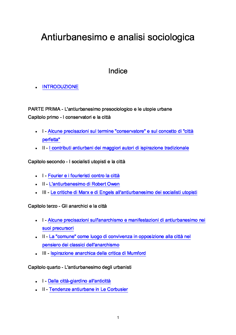 Indice della tesi: Linee per una storia dei rapporti tra antiurbanesimo e analisi sociologica, Pagina 1