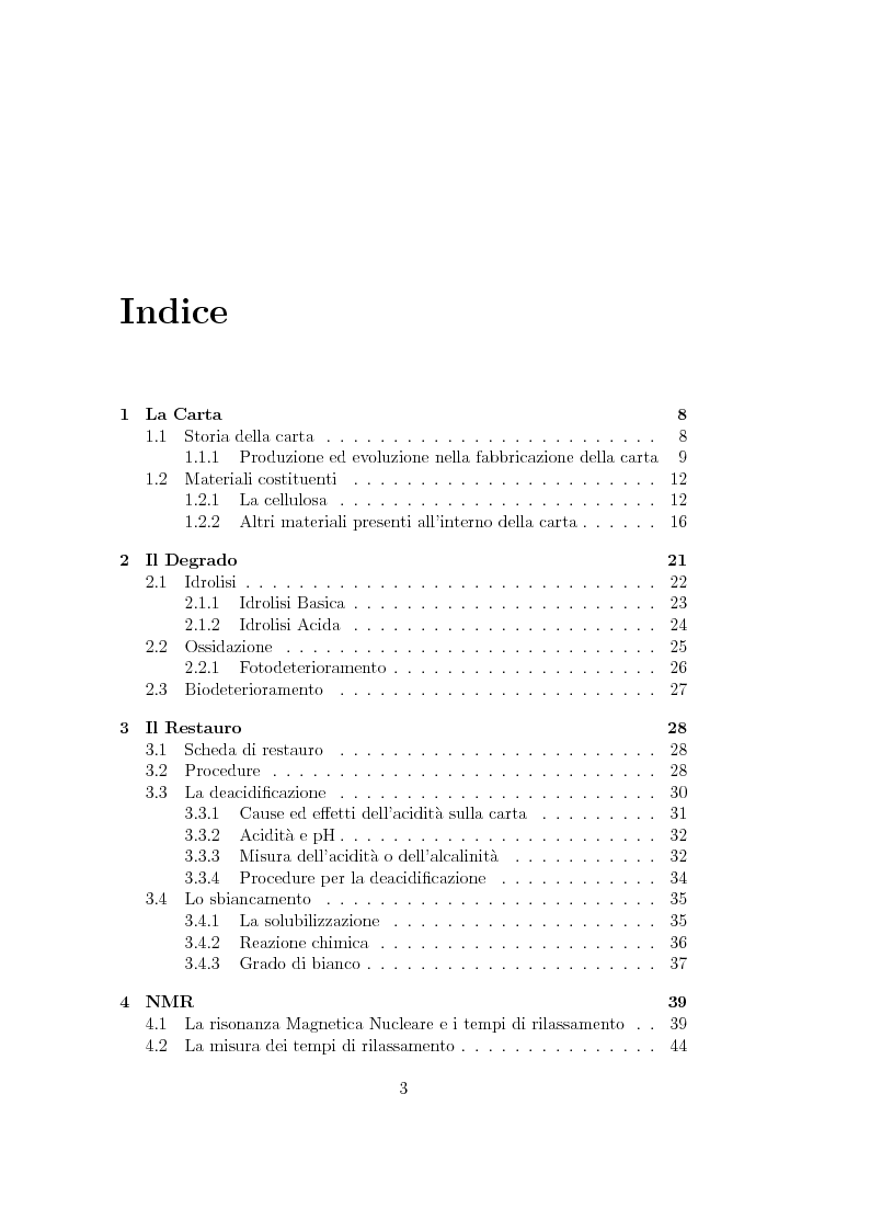 Indice della tesi: Metodi di conservazione e restauro della carta: valutazione degli effetti mediante risonanza magnetica nucleare, Pagina 1