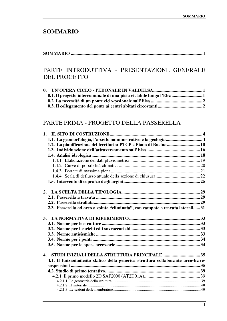 Indice della tesi: Progetto di una Passerella Ciclo - Pedonale sul Fiume Elsa e suo Inserimento Territoriale, Pagina 1