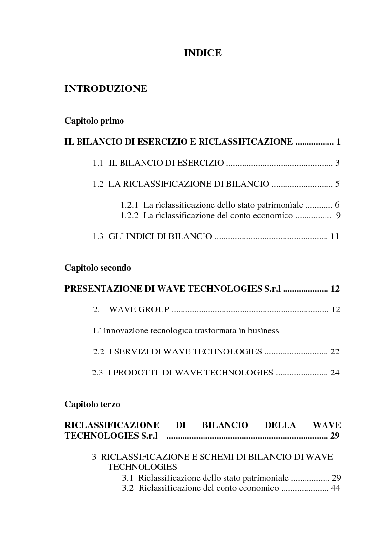 Indice della tesi: Le analisi di bilancio : Il caso Wave Technologies Srl, Pagina 1