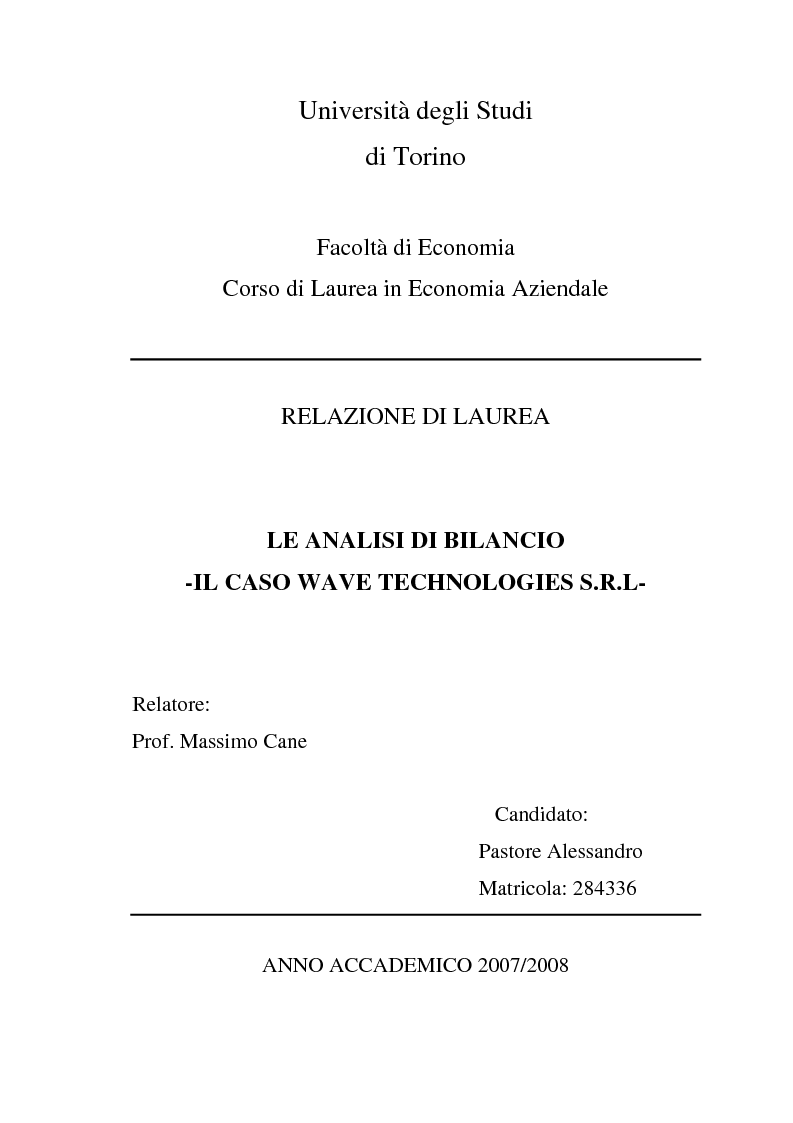 Anteprima della tesi: Le analisi di bilancio : Il caso Wave Technologies Srl, Pagina 1