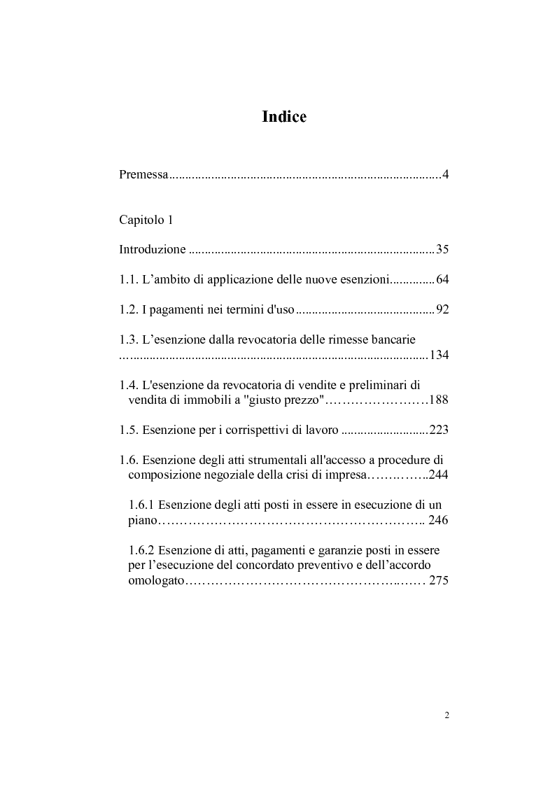 Indice della tesi: I casi di esclusione dalla revocatoria fallimentare., Pagina 1