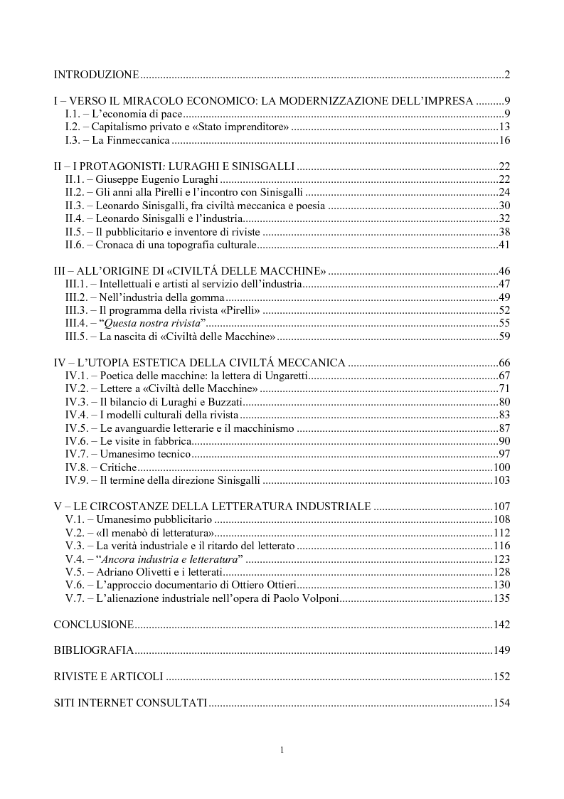 Indice della tesi: Impresa e cultura. «Civiltà delle Macchine» e la letteratura industriale, Pagina 1