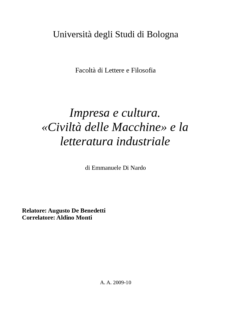 Anteprima della tesi: Impresa e cultura. «Civiltà delle Macchine» e la letteratura industriale, Pagina 1