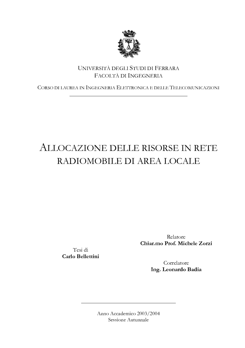 Anteprima della tesi: Allocazione delle risorse in rete radiomobile di area locale, Pagina 1