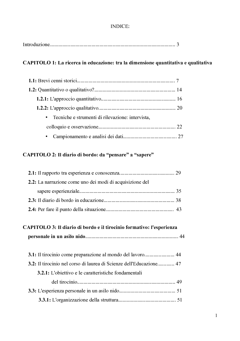 Indice della tesi: Il diario di bordo: approccio qualitativo alla conoscenza di un contesto specifico, Pagina 1
