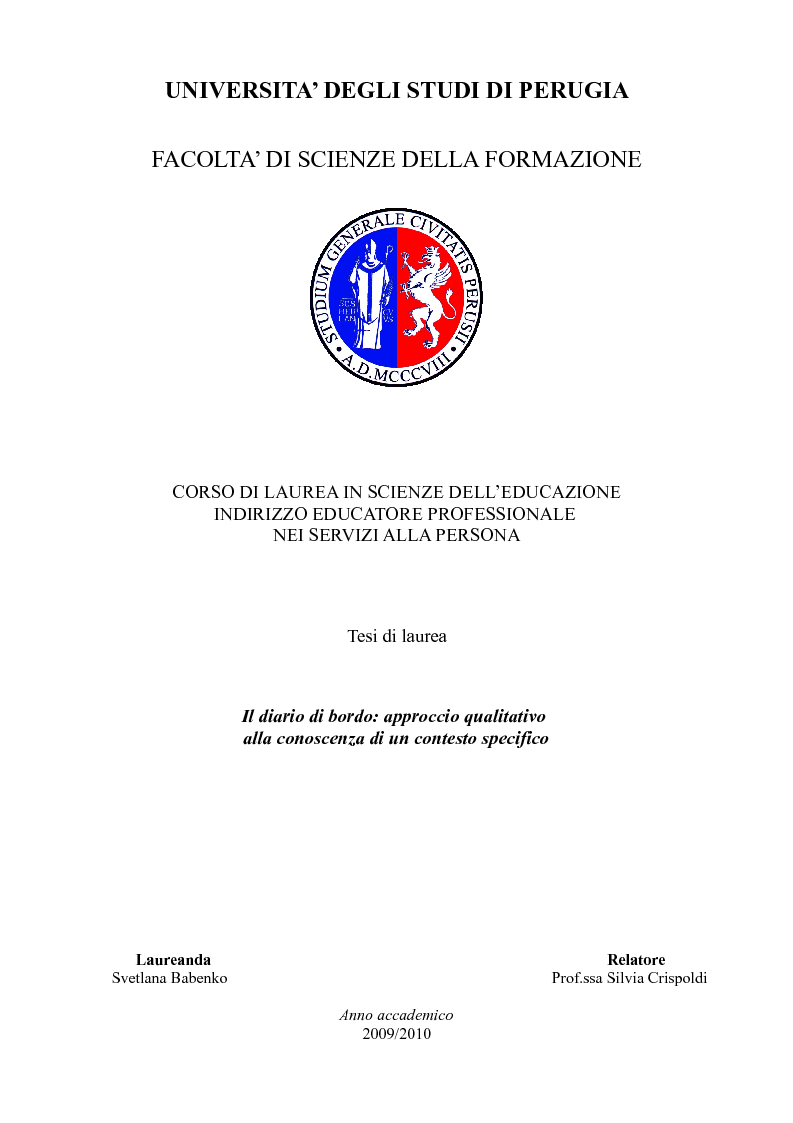 Anteprima della tesi: Il diario di bordo: approccio qualitativo alla conoscenza di un contesto specifico, Pagina 1