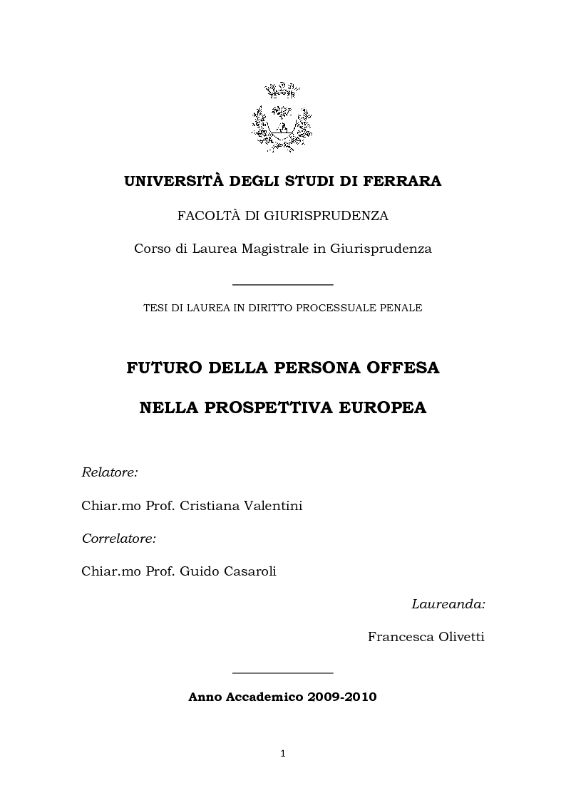 Anteprima della tesi: Futuro della persona offesa nella prospettiva europea, Pagina 1