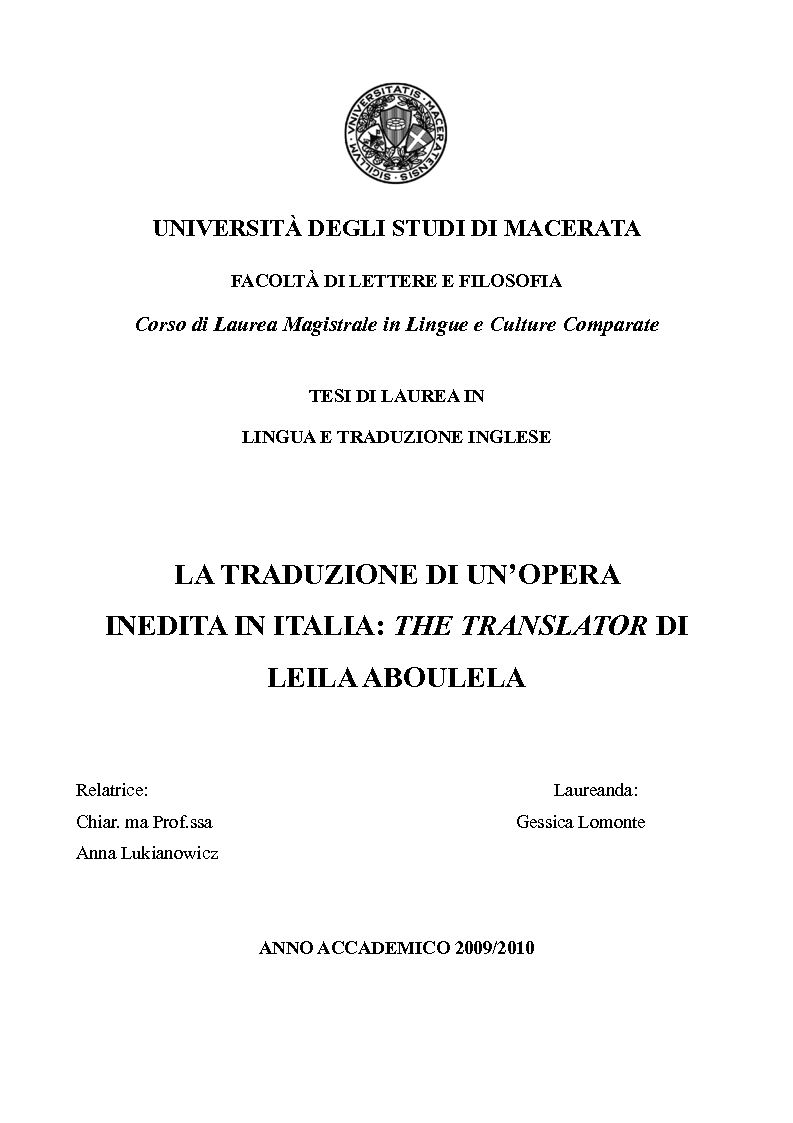 Universita Degli Studi Di Maceratafacolta Di Lettere E Filosofiacorso Di Laurea Magistrale In Lingue E Culture Comparatetesi Di Laurea In Lingua E Traduzione Inglesela Traduzione Di Un Opera Inedita In Italia Tesionline