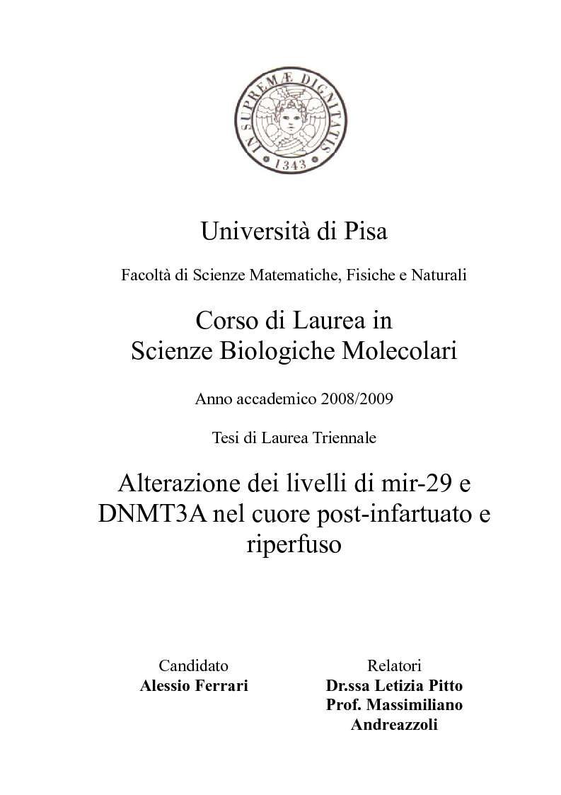 Anteprima della tesi: Alterazioni nei livelli di Mir-29 e DNMT3A nel cuore post-infartuato e riperfuso, Pagina 1