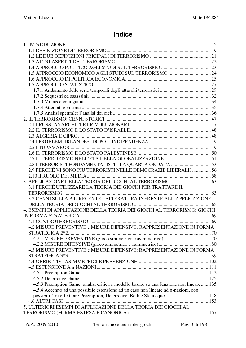 Indice della tesi: Terrorismo e teoria dei giochi, Pagina 1