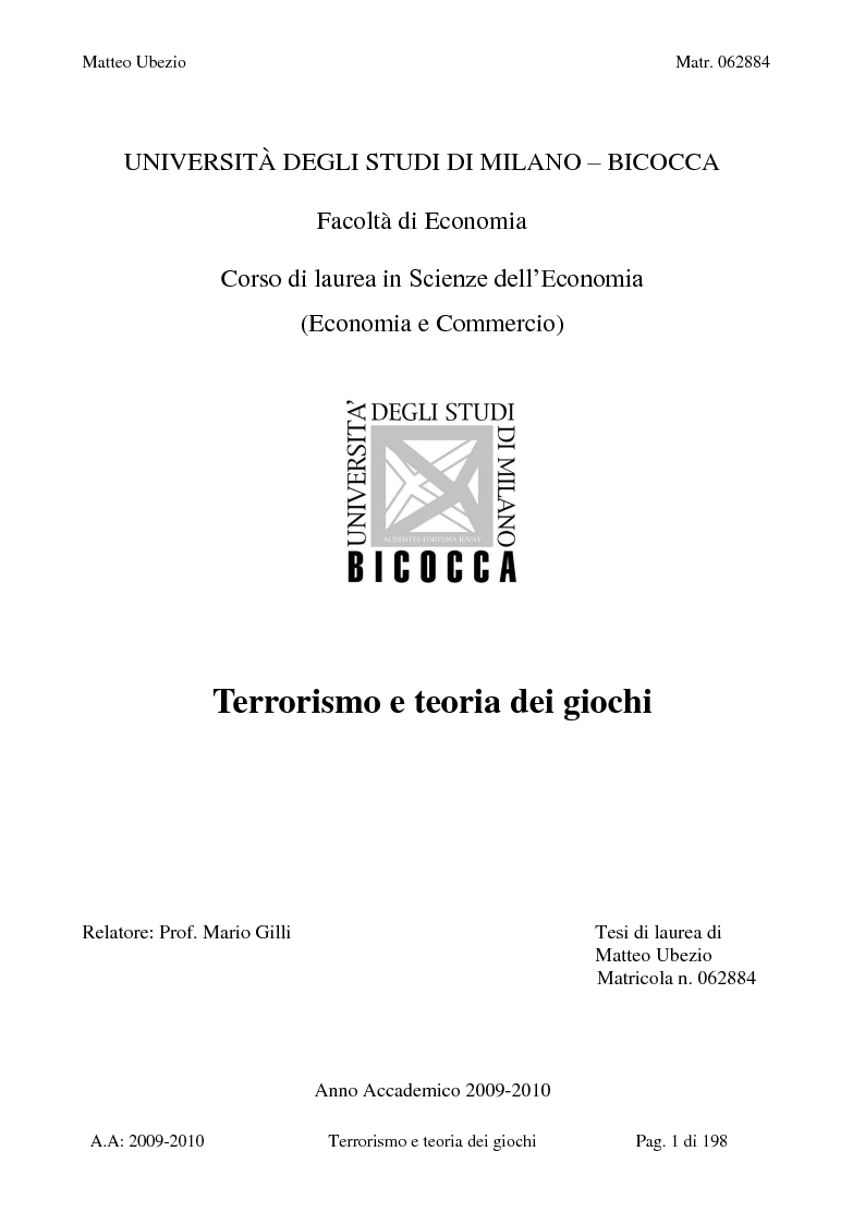Anteprima della tesi: Terrorismo e teoria dei giochi, Pagina 1