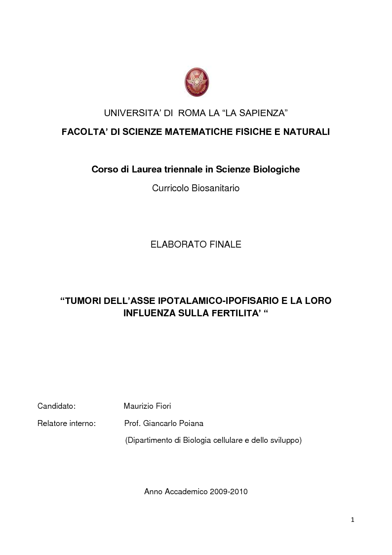 Anteprima della tesi: Tumori dell'asse ipotalamico-ipofisario e la loro influenza sulla fertilità, Pagina 1